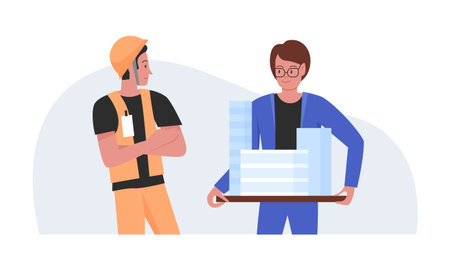 Architect presenting building project. Construction worker, builder team flat vector illustrationのイラスト素材