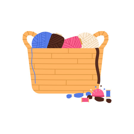 Knitting wool basket. Yarn basket, handmade hobby, handicraft instruments cartoon vector illustrationのイラスト素材