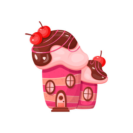 Candy home with cherries. Gingerbread house, pastry chocolate product, creative dessert cartoon vector illustrationのイラスト素材
