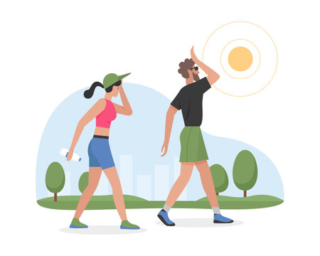 Couple walking on hot weather. Summer heat, outdoor leisure time cartoon vector illustrationのイラスト素材