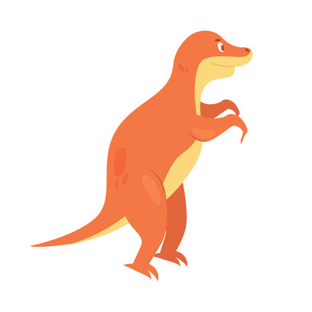 Orange raptor dinosaur. Prehistoric animal, jungle reptiles group, jurassic world evolution cartoon vector illustrationのイラスト素材