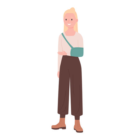 Smiling girl with broken arm. Young woman with damaged hand cartoon vector illustrationのイラスト素材