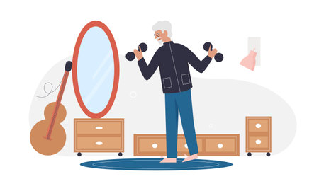 Elderly man with dumbbells. Senior man exercise, active retirement lifestyle cartoon vector illustrationのイラスト素材