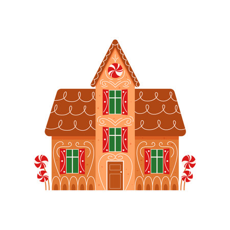 Winter gingerbread cottage. Traditional Christmas cookie, holiday winter bakery flat vector illustrationのイラスト素材