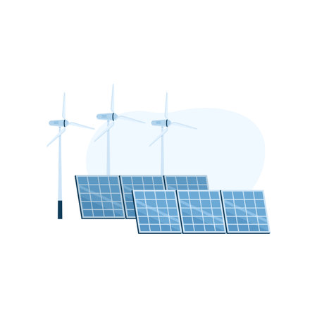 Solar and wind energy. Hydrogen production process, eco natural energy cartoon vector illustration