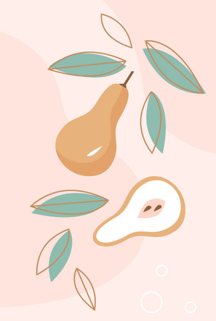 Peer fruit vertical banner. Summer fruit with leaves flat hand drawn vector illustrationのイラスト素材