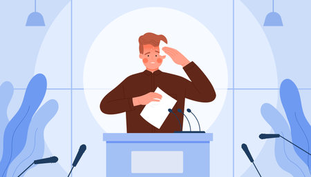 Nervous man feeling fear and anxiety before stage speech, glossophobia disorder. Male speaker standing at podium and speaking into microphone with drops of sweat on face cartoon vector illustrationのイラスト素材