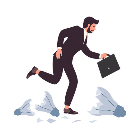 Businessman running with briefcase through broken light bulb, bad business idea vector illustrationのイラスト素材