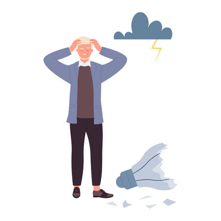 Elderly sad man upset because of broken light bulb and bad idea vector illustrationのイラスト素材