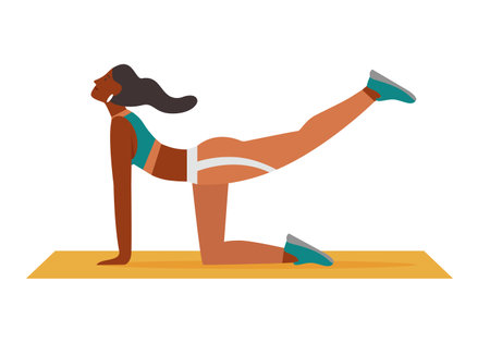 Girl stretching on yoga mat. Girl with sport equipment, fitness gym accessories flat vector illustrationのイラスト素材