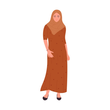 Arab businesswoman standing, Muslim woman in hijab and modern fashion red dress vector illustrationのイラスト素材