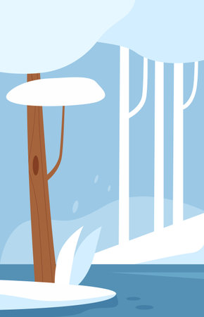 Abstract winter river landscape with frozen wild forest, snow and ice on white trees and blue water vector illustrationのイラスト素材