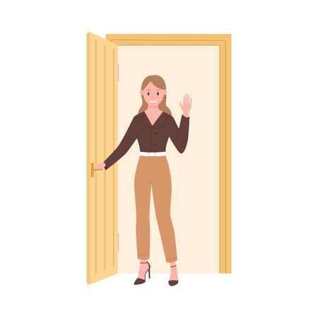 Young woman standing in doorway and holding door handle, girl smiling and waving vector illustrationのイラスト素材