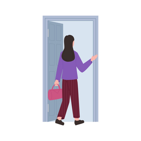 Young woman with bag walking out gray door to leave room, rear view vector illustrationのイラスト素材