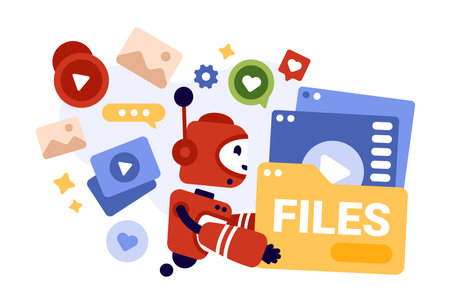 Automation of content creation, optimization of blog posts on social media using AI tools. Robot with folder full of digital data and creative ideas, images and videos cartoon vector illustrationのイラスト素材
