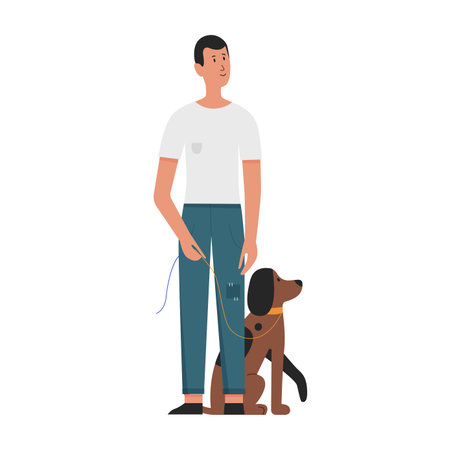 Man holding leash on walk with dog, pet owner and puppy standing together vector illustrationのイラスト素材