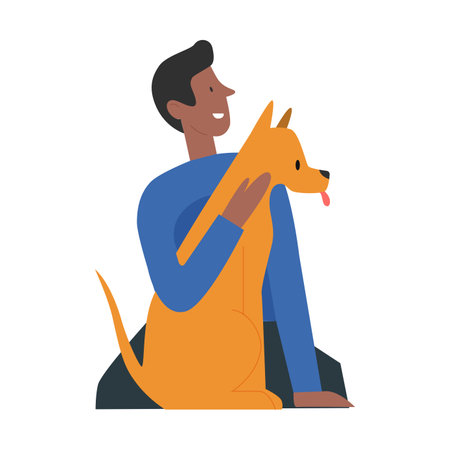 Man and cheerful dog companion play and hug, sitting on floor together vector illustrationのイラスト素材