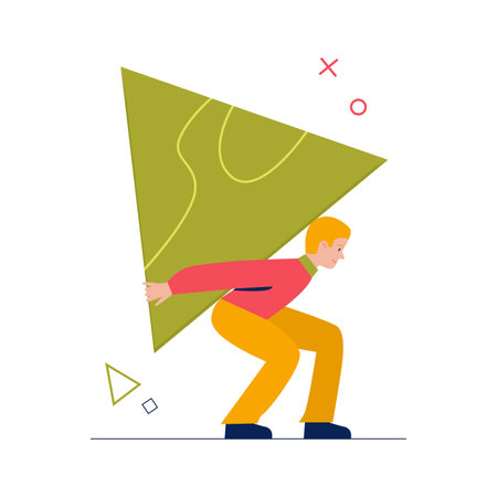 Man carrying heavy geometric figure with efforts, tiny male character with giant green triangle vector illustrationのイラスト素材