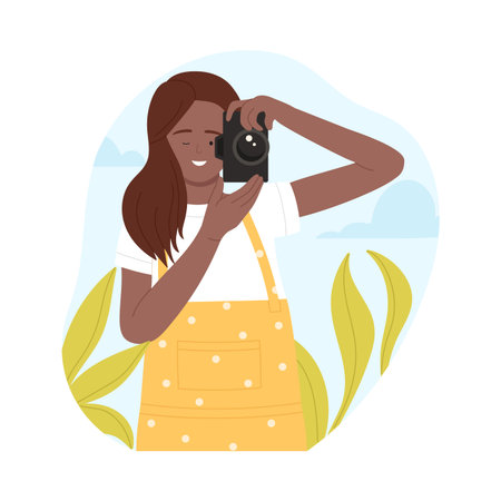 Happy girl holding digital camera, tourist or photographer standing to make photo vector illustrationのイラスト素材
