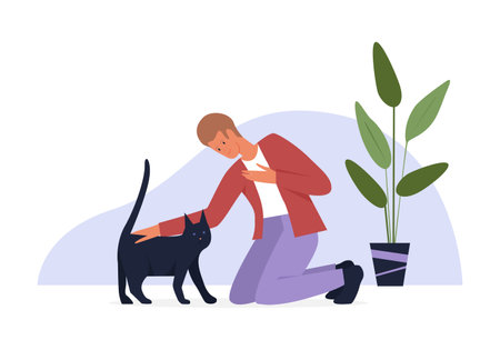 Man stroking cute cat, sweet hugs of pet owner and adorable furry kitten vector illustrationのイラスト素材