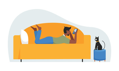 Man lying on sofa at home, person using mobile messenger app to text friends vector illustrationのイラスト素材