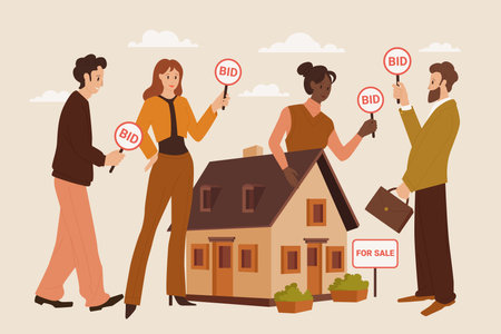House for sale, property investment and real estate selling at public auction. Competitors hold bid paddles to raise price in bidding competition, people buy tiny building cartoon vector illustrationのイラスト素材