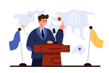 Public speech by diplomat or politician at conference, meeting of international leaders. Tiny confident speaker speaking at podium with microphone near flags and world map cartoon vector illustrationのイラスト素材