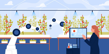 Smart farming management, cultivation of agriculture plants in greenhouse. Farmer and robotic arm harvest tomatoes in glasshouse with innovation agritech equipment cartoon vector illustrationのイラスト素材