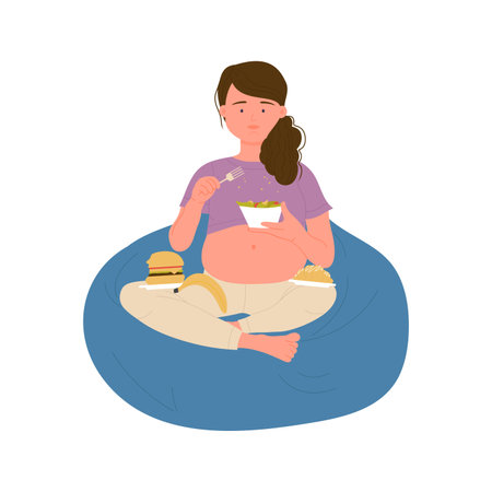 Pregnant woman sitting in armchair with food, hungry female character eating salad vector illustrationのイラスト素材
