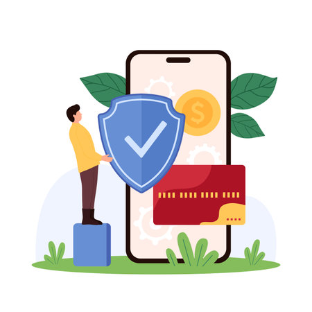 Protection of bank account, credit and debit card, money transaction online. Tiny man holding shield with security check mark to protect personal financial information cartoon vector illustrationのイラスト素材