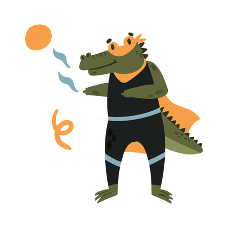 Cute green crocodile in superhero costume, cheerful animal hero in cape vector illustrationのイラスト素材