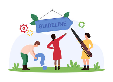 Users manual book, rules and advice for using brand product, compliance with regulations and procedures. Tiny people holding question mark, pointing to arrow Guideline sign cartoon vector illustrationのイラスト素材