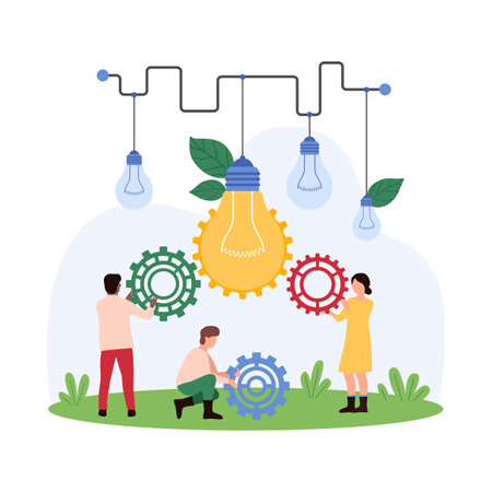 Teamwork for business product improvement, project management and productivity strategy development. Tiny people add gears to bright hanging light bulb, think on quality cartoon vector illustrationのイラスト素材