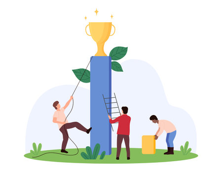 Business challenge and growth, success opportunity to achieve goal and victory. Tiny people pull golden cup trophy with rope, climb ladder to win prize in competition cartoon vector illustrationのイラスト素材