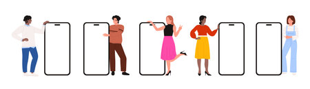 People show mobile phone screen mockups set. Tiny female and male users characters holding big smartphone, happy young man and woman showing devices with blank displays cartoon vector illustrationのイラスト素材