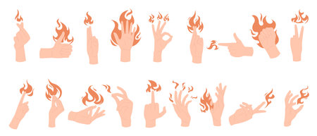 Human hand with different gestures and hot fire on fingers set. Burning peace and victory gestures, ok and thumbs up sign of person, peoples palms hold glowing flame cartoon vector illustrationのイラスト素材