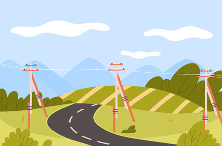 Countryside landscape with power lines and transmission towers overhead asphalt road and agricultural green fields vector illustrationのイラスト素材