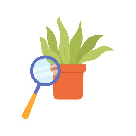 School magnifying glass to research green plant in pot in biology lesson vector illustrationのイラスト素材