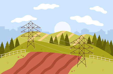 Rural cute landscape with plowed field on hill, power poles vector illustrationのイラスト素材