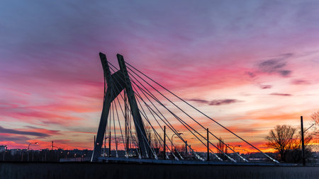 Aerial panoramic view of sunset cityscape with suspension bridge silhouette in Krakow, Poland. Drone photo of modern bridge with steel cables and concrete tower in purple, red and blue sky cloudsの写真素材