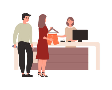Husband and wife paying for clothes at cashier counter, woman holding hanger with shorts vector illustrationのイラスト素材