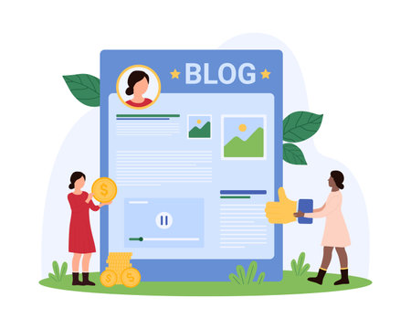 Boost blog monetization, monetary gain, benefits and recognition to digital content of blogger. Tiny people holding gold coins and thumbs up symbol at authors web page cartoon vector illustrationのイラスト素材