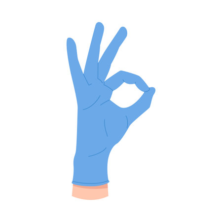 Hand of doctor in disposable blue glove showing OK gesture, great positive signal vector illustrationのイラスト素材