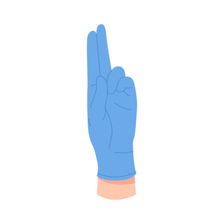 Doctors hand in protective blue glove raising index and middle fingers up vector illustrationのイラスト素材