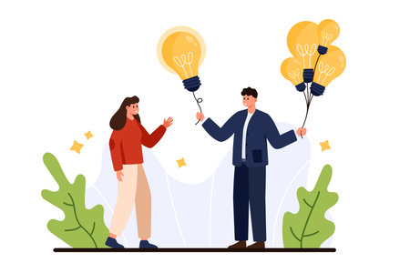 Support in solving business problems, share new smart idea and strategic solution. Tiny boss, leader or employee holding bunch of bright light bulbs to give colleague cartoon vector illustrationのイラスト素材