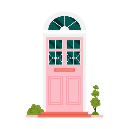 Front door of residential house, pink traditional cute door with arch vector illustrationのイラスト素材