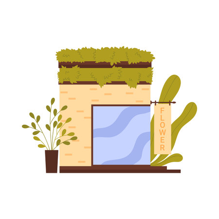 Modern flower shop front street view with plants in pots and roof vector illustrationのイラスト素材