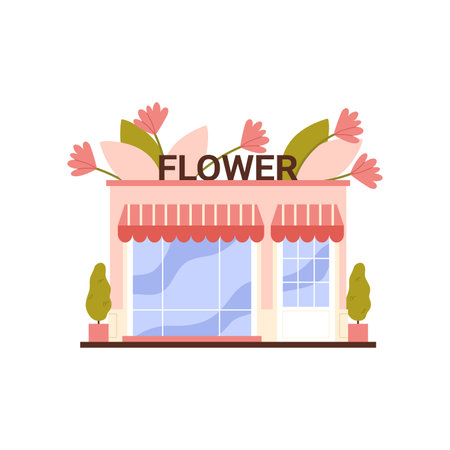Flower shop street view with front door, pink walls and blossoming composition vector illustrationのイラスト素材
