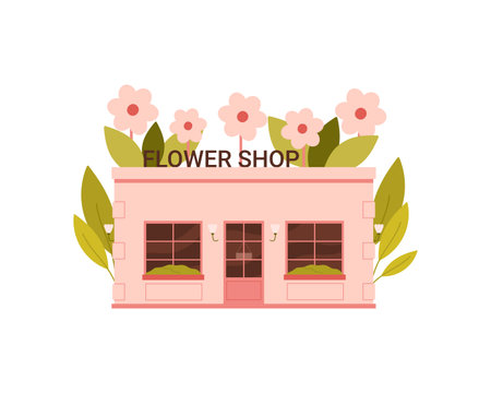 Pink building of flower shop with cute floral decoration and lamps above door vector illustrationのイラスト素材