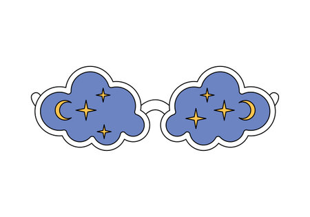 Groovy sunglasses with white frames in shape of clouds, moon and stars on blue glass vector illustrationのイラスト素材